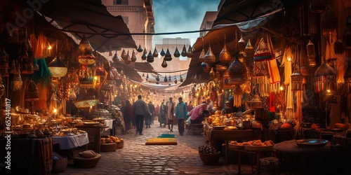 Exploring the bustling, ancient Middle Eastern market stands, Generative AI.