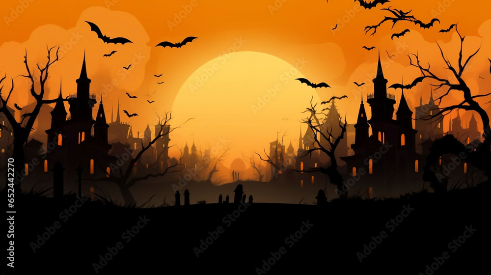 copy space, City panorama in halloween style. Scary halloween isolated background. Orange and yellow background. Illustration. Halloween background.