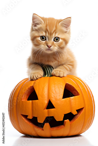 Funny ginger kitten sitting on top of scary pumpkin isolated on white background © Anzhela