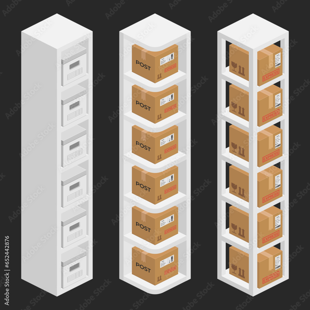 storage shelf bookcase with parcel boxes isometric vector flat illustration storage shelf bookcase with parcel boxes isometric vector flat illustration