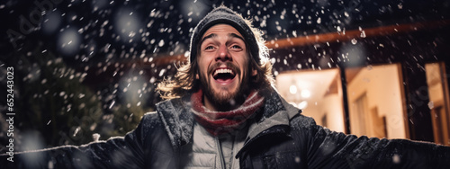 Happy man smiles in the snowfall outside