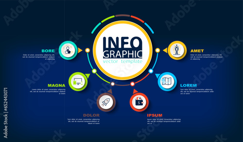Infographics design and marketing icons, vector, circles. Сan be used to create workflows, diagram of annual reports, web design of presentations.Business concept with 6 options, process steps, colour