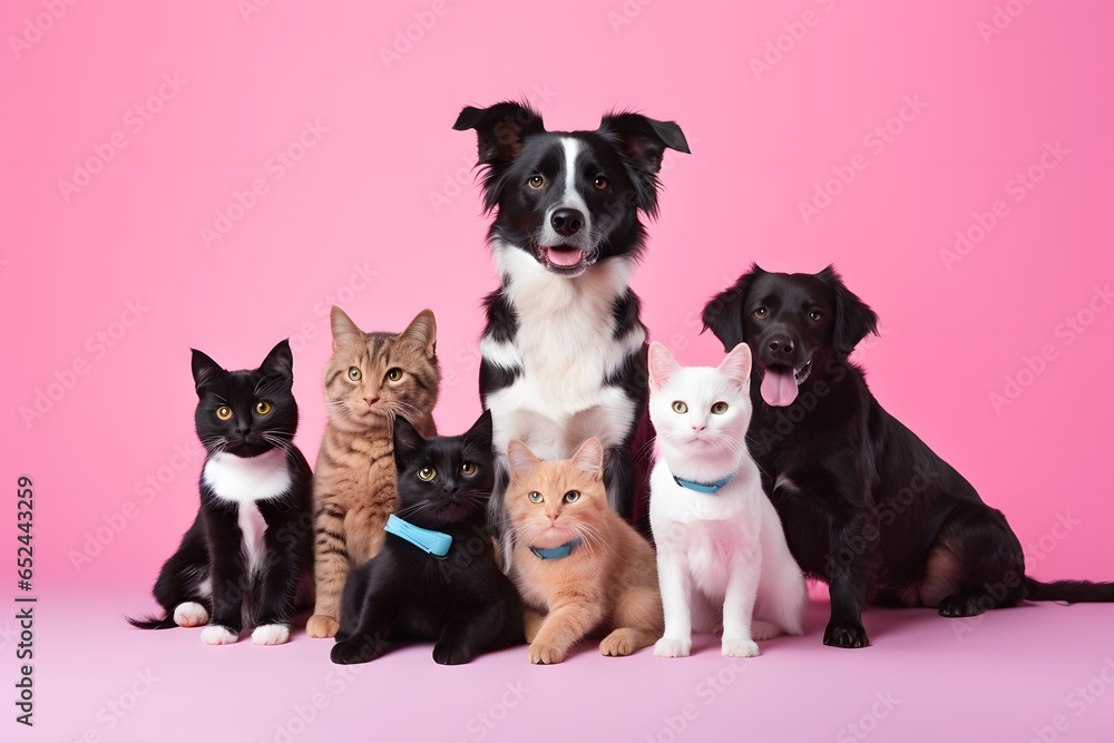 Group of pets dog and cat posing on pastel background.