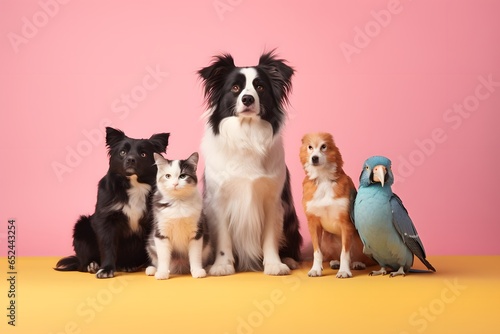 Group of pets dog, cat and bird posing on pastel background.