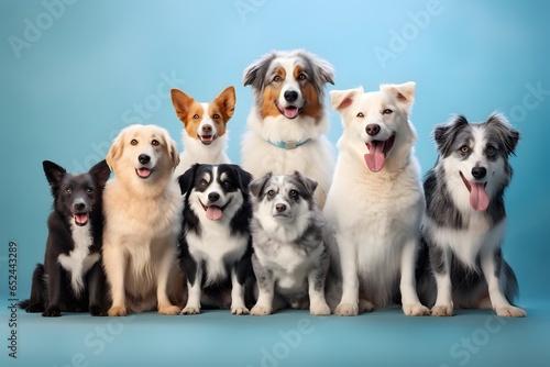 Group of cute dog posing on pastel background.