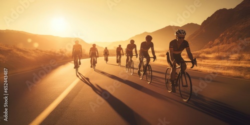 A group of cyclists at sunset © cherezoff