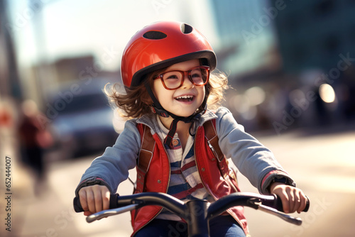 Smiling child girl riding a bike with a helmet