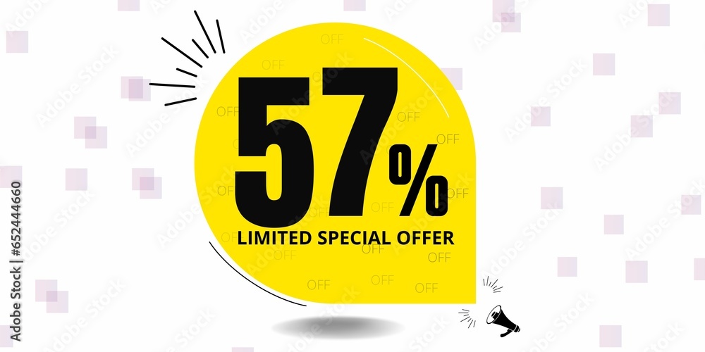 57% off limited special offer. Banner with fifty seven percent discount on a yellow round tag