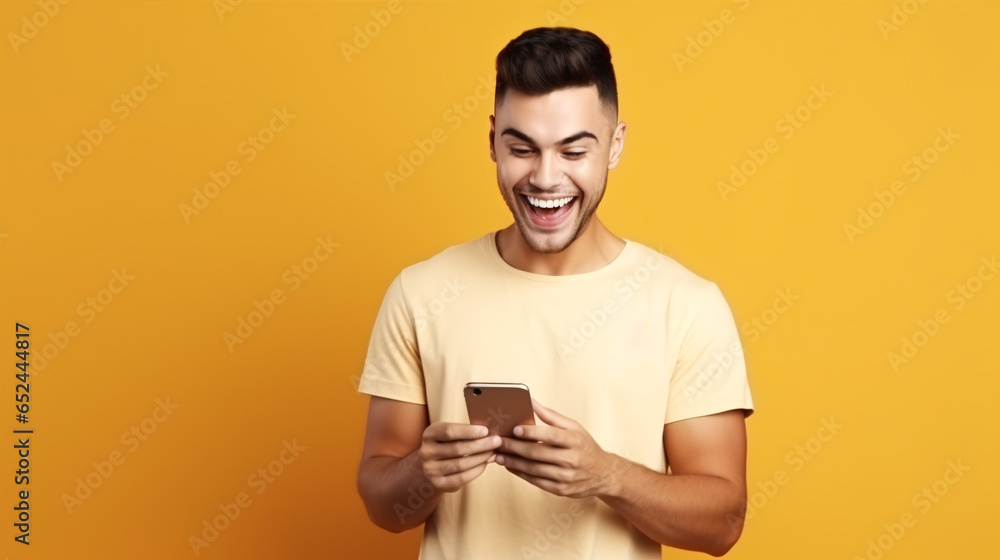 A vibrant portrait of a youthful, exuberant man in a T-shirt, isolated against a colorful backdrop, engrossed in his mobile phone.. A vibrant portrait of a youthful, exuberant man in a T-shirt, isolated against a colorful backdrop, engrossed in his mobile phone..