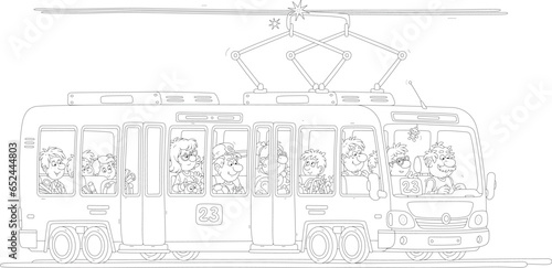 Tramway with a smiling driver and a noisy company of funny passengers with their things riding along a city street, black and white outline vector cartoon illustration for a coloring book