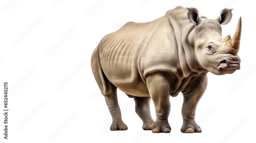 Fototapeta premium a Rhinoceros, full body in a 3/4 view, in an isolated and transparent PNG in a Wildlife-themed, photorealistic illustration. Generative ai