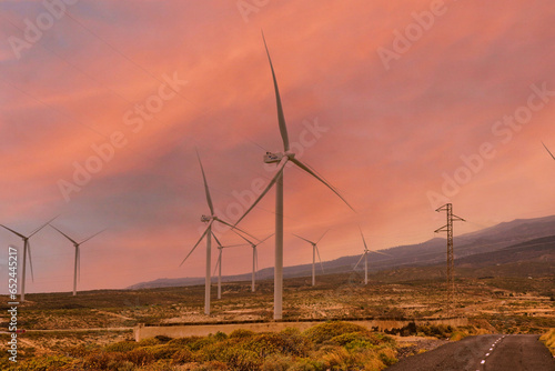 Molinos eolicos en el desierto con un atardecer impresionante photo