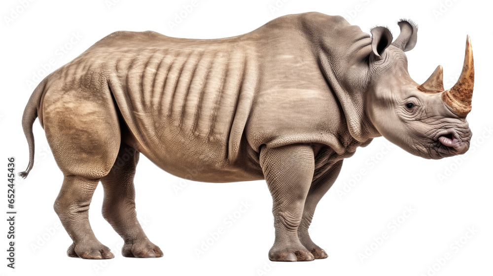 a Rhinoceros, full body in a side view, in an isolated and transparent PNG in a Wildlife-themed, photorealistic illustration. Generative ai