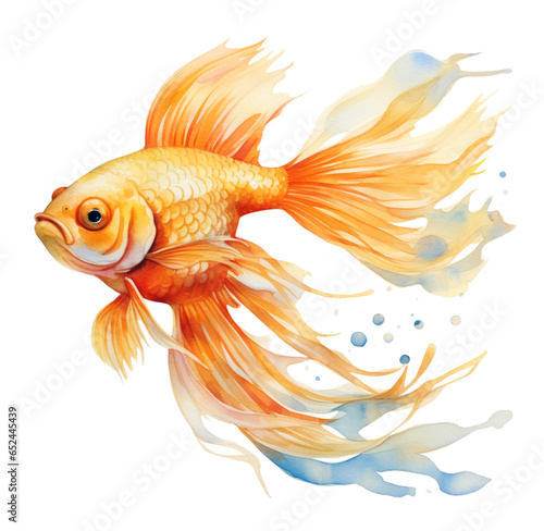 Watercolor illustration of a goldfish. Generative AI, png image.