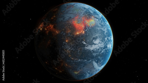 A view of the Earth from space with burning fires , flames and heat engulfing it