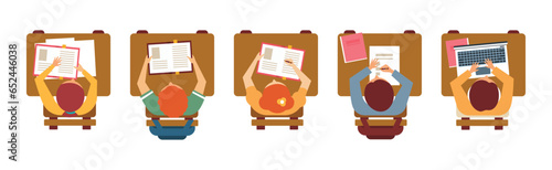 Boy and Girl Pupil or Students Sitting at Desk Top View Vector Set