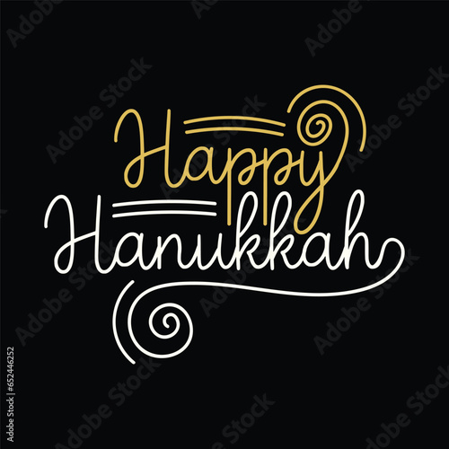 Happy Hanukkah free hand drawn lettering illustration on black background. Hanukkah elegant and decorative text for banner, poster, greeting card