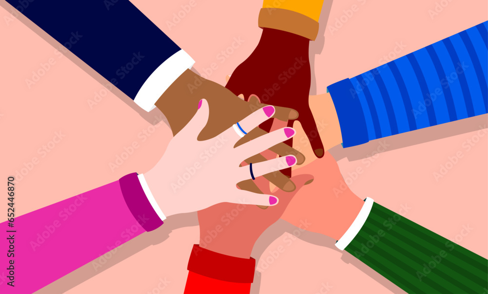 Hands of diversity vector illustration - Group of people with different ethnicities coming together in unity and all for one. Diverse team and multi ethnic community concept Hands of diversity vector illustration - Group of people with different ethnicities coming together in unity and all for one. Diverse team and multi ethnic community concept