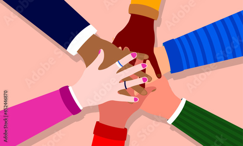 Hands of diversity vector illustration - Group of people with different ethnicities coming together in unity and all for one. Diverse team and multi ethnic community concept