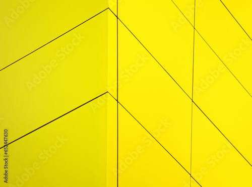 Close-up of vibrant yellow facade. Its minimalist design features rectangular panels that cover the entire surface, with thin seams demarcating each panel.  Fine grain added to enhance the texture. 