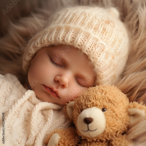 Newborn baby lies with a teddy bear © Olya Fedorova