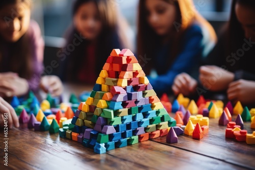 Children play with colored construction blocks, children play with mom and dad in the preschool playroom