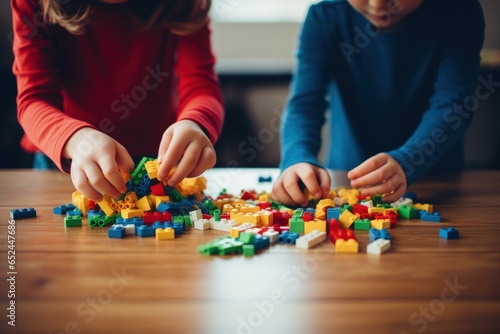 Children play with colored construction blocks, children play with mom and dad in the preschool playroom photo