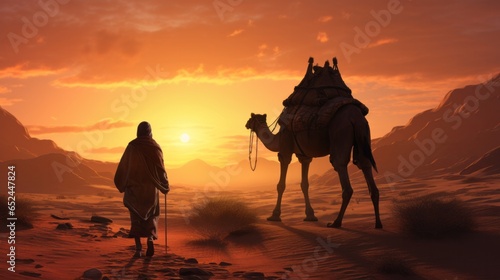 An ancient Muslim Arab walks with a camel loaded with a large load in the desert at sunset