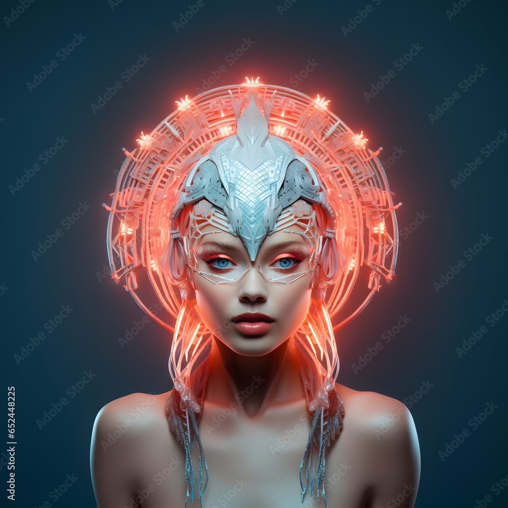 Portrait of a modern girl on a black background. Red luminous crown, cap with bulbs. Futuristic look of a woman Portrait of a modern girl on a black background. Red luminous crown, cap with bulbs. Futuristic look of a woman