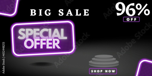 96% off limited special offer. Banner with ninety six percent discount on a black background with purple square