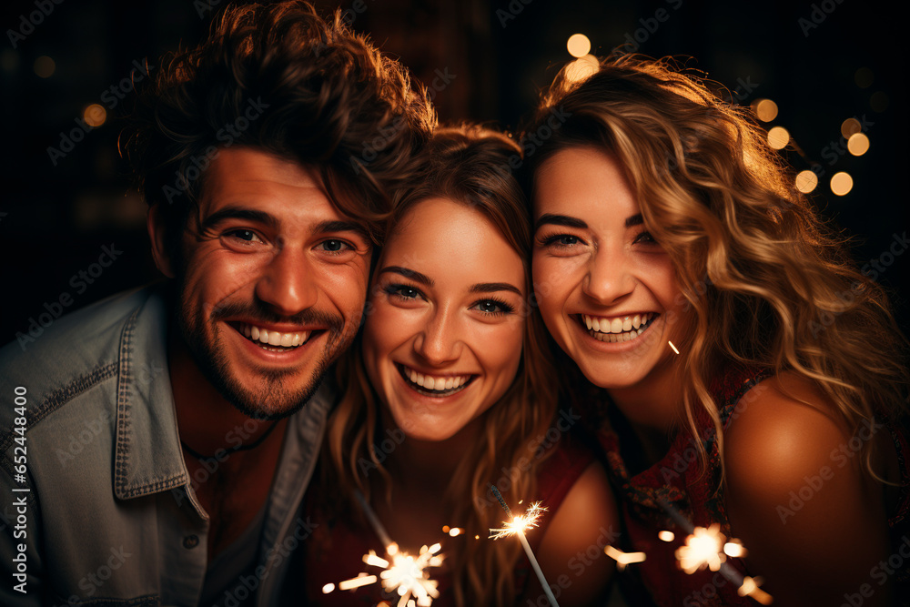 concept of happy friends with celebration sparklers