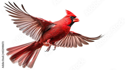 a Northern Cardinal male in-flight in a cutout and isolated, side and 3/4 view, Nature-themed, photorealistic illustration in a transparent PNG. Generative ai