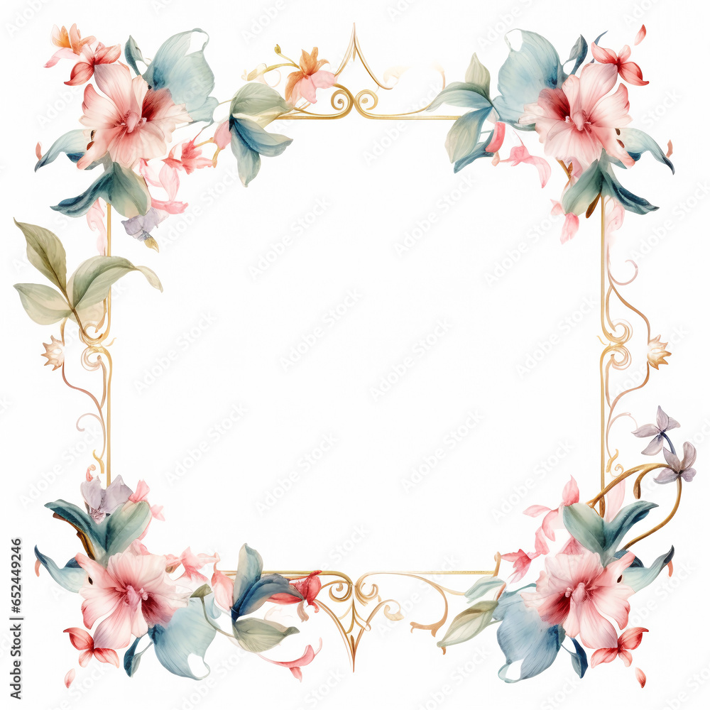 Square frame on a white background with a floral design drawn in watercolor in soft pastel colors