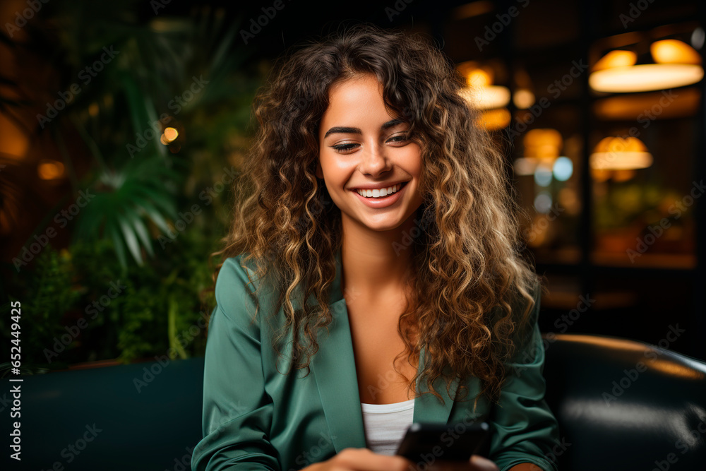 Happy young latin woman sitting looking at cellphone