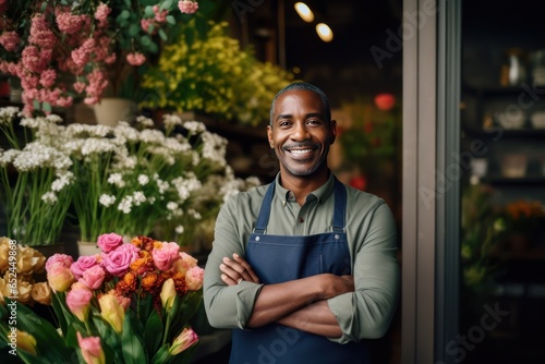 Smiling African American man standing in his flower shop. Middle aged salesman is waiting for customers of the flower shop. He standing at the entrance, smiling and looking at camera.