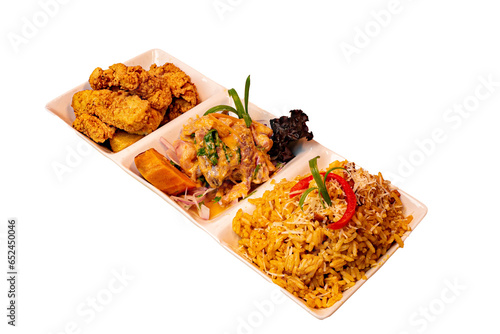 Trio marino, ceviche, arroz con mariscos y chicharrón