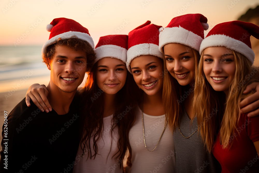 Young people with Santa hats celebrating Christmas on the beach Young people with Santa hats celebrating Christmas on the beach
