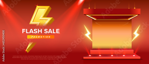 Shopping poster flash sale banner with yellow thunder sign Special campaign or promotion. Template design for social media with blank product podium scene. On red background vector