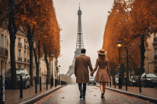 Couple holding hands and walking along the cobblestone streets of Paris with the Eiffel Tower in the background