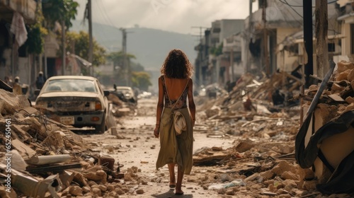 A woman walks through the ruins of the city