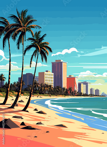 Miami resort city at sunset. Summer cityscape and sea shore with sand beach and palm trees, vector