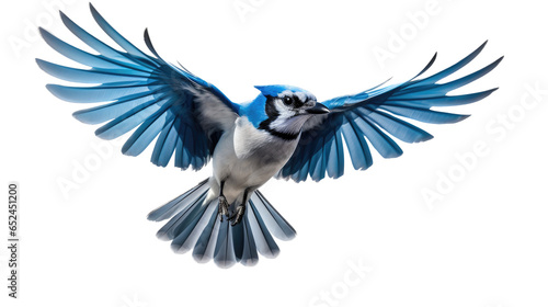 Eastern Blue Jay Cyanocitta cristata, in-flight, 3/4 view in a Nature-themed, photorealistic illustration in a transparent PNG, cutout, and isolated. generative ai