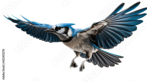 eastern Blue Jay Cyanocitta cristata, in-flight, side view in a Nature-themed, photorealistic illustration in a transparent PNG, cutout, and isolated. Generative ai