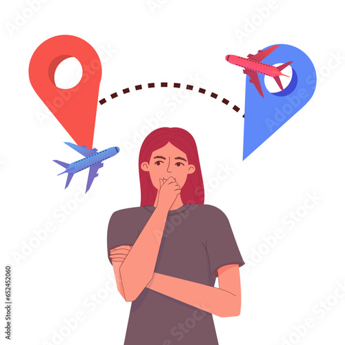 Woman thinking about immigration. Girl with red hair in purple t shirt standing and thinking about travels. Concept of woman wondering, planning or pondering and holding hand by chin. Vector