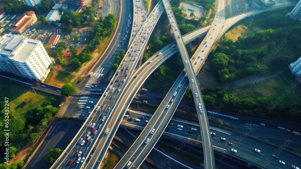 A top view of an expressway, showcasing road traffic as a vital component of Thailand's infrastructure. This image highlights the importance of well-connected roadways in the country A top view of an expressway, showcasing road traffic as a vital component of Thailand's infrastructure. This image highlights the importance of well-connected roadways in the country