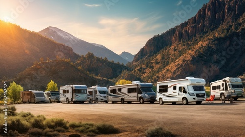 Embark on a summer tourism adventure with RVs in the majestic mountains. Campers parked in a row at a caravan parking area offer the best option for a mountain getaway.