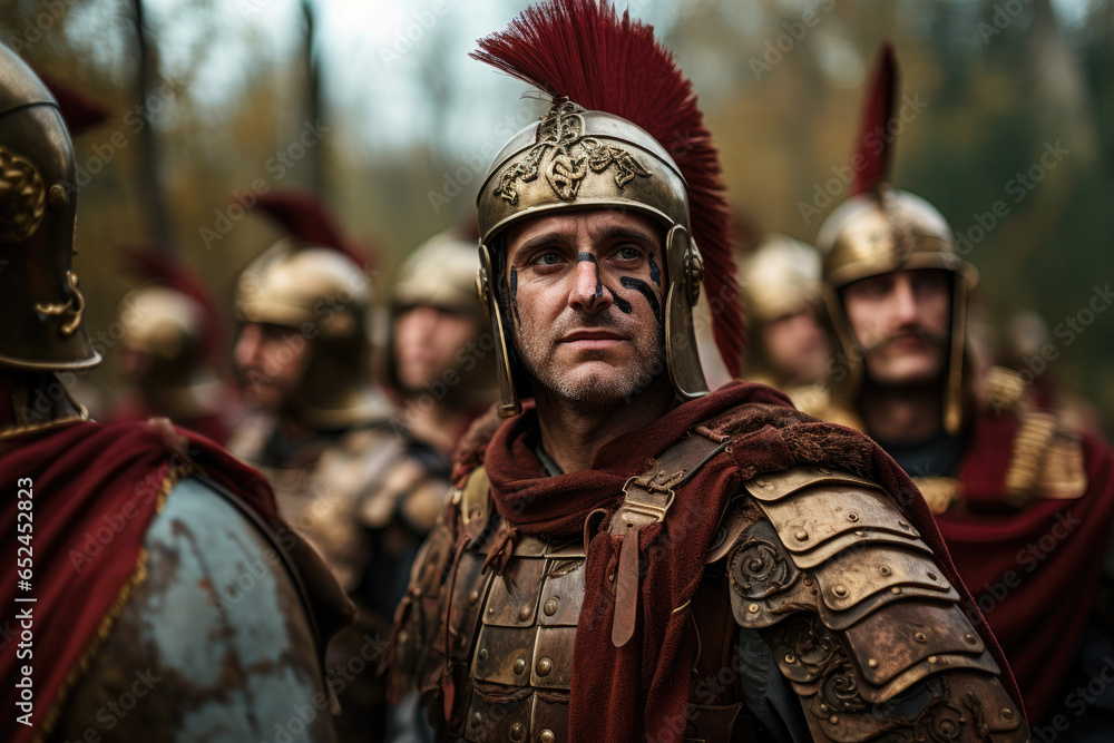 Roman reenactment event with participants in authentic costumes and armor, recreating historical scenes and battles
