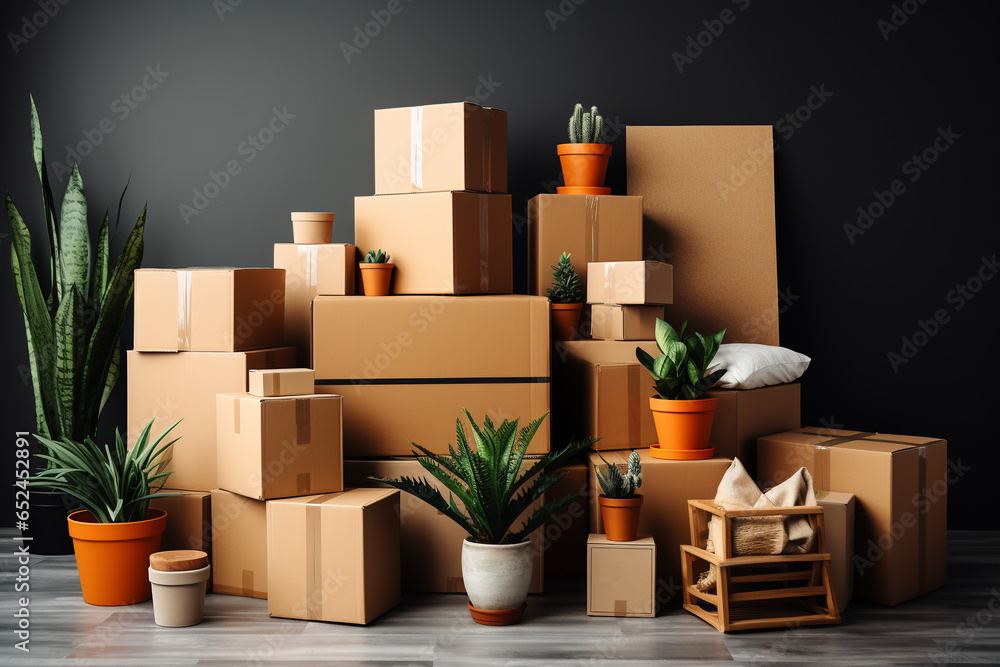 moving, things collected in cardboard boxes with plants on a gray background
