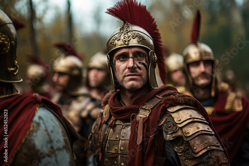 Roman reenactment event with participants in authentic costumes and armor, recreating historical scenes and battles