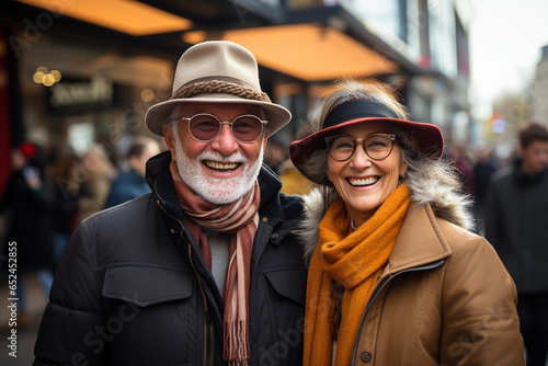 portrait of happy pensioners traveling through a European city